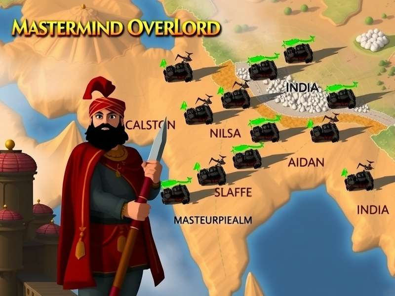 Mastermind Overlord gameplay screenshot showing a map of India with troop movements